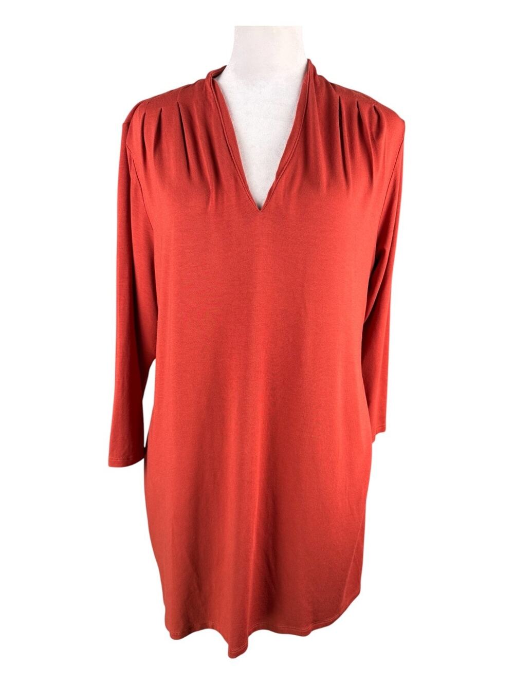 J Jill Wearever LP V-Neck Pullover Tunic Pleated Shoulders Rust Orange